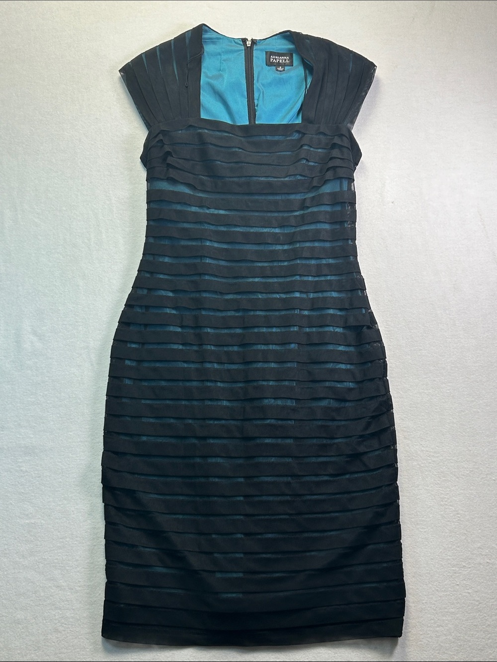 Adrianna Papell Teal and Black Layered Sheath Midi Dress